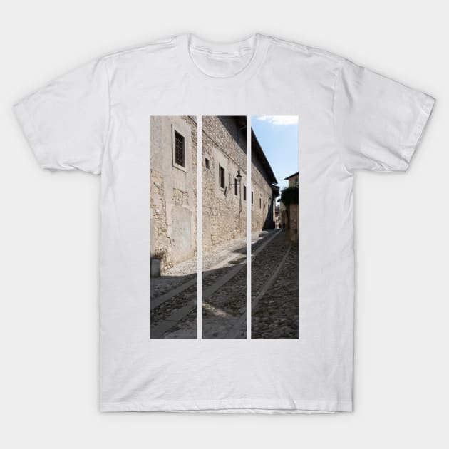 North Italy Life in the center of the lombard medieval city. Walking through narrow streets and walls. Sunny summer day. (vertical) T-Shirt by fabbroni-art